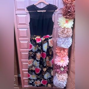 Black mesh top with silky floral bottom- golds, pinks, greens, tans